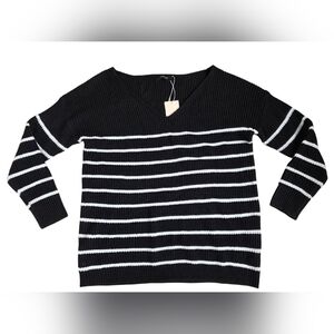 Dokotoo Black & White Striped V Neck Acrylic Sweater NWT Size M